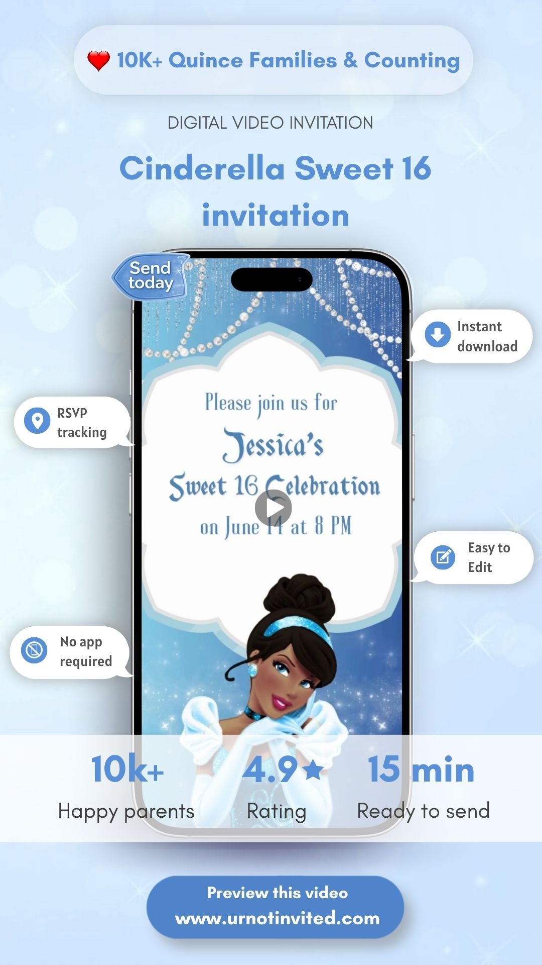 Cinderella Sweet 16 Invitation – Dark Skin Princess Birthday Video Invitation - Cinderella Theme Digital Party Invite | Canva Template | Instant Download