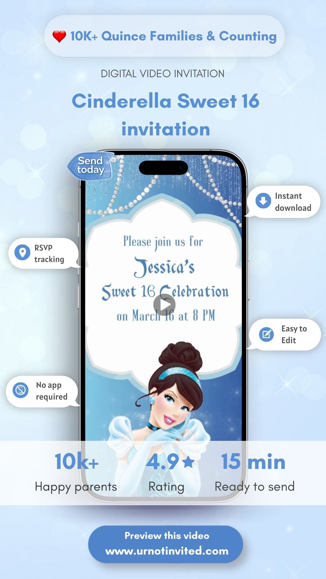 Cinderella Sweet 16 Birthday Video Invitation - Cinderella Theme Digital Party Invite | Canva Template | Instant Download