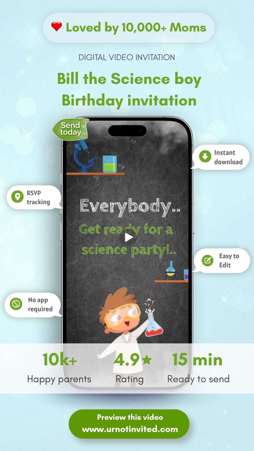 Bill the Science Boy Birthday Video Invitation - Bill the Science Boy Theme Birthday Party Invite | Canva Template | Instant Download