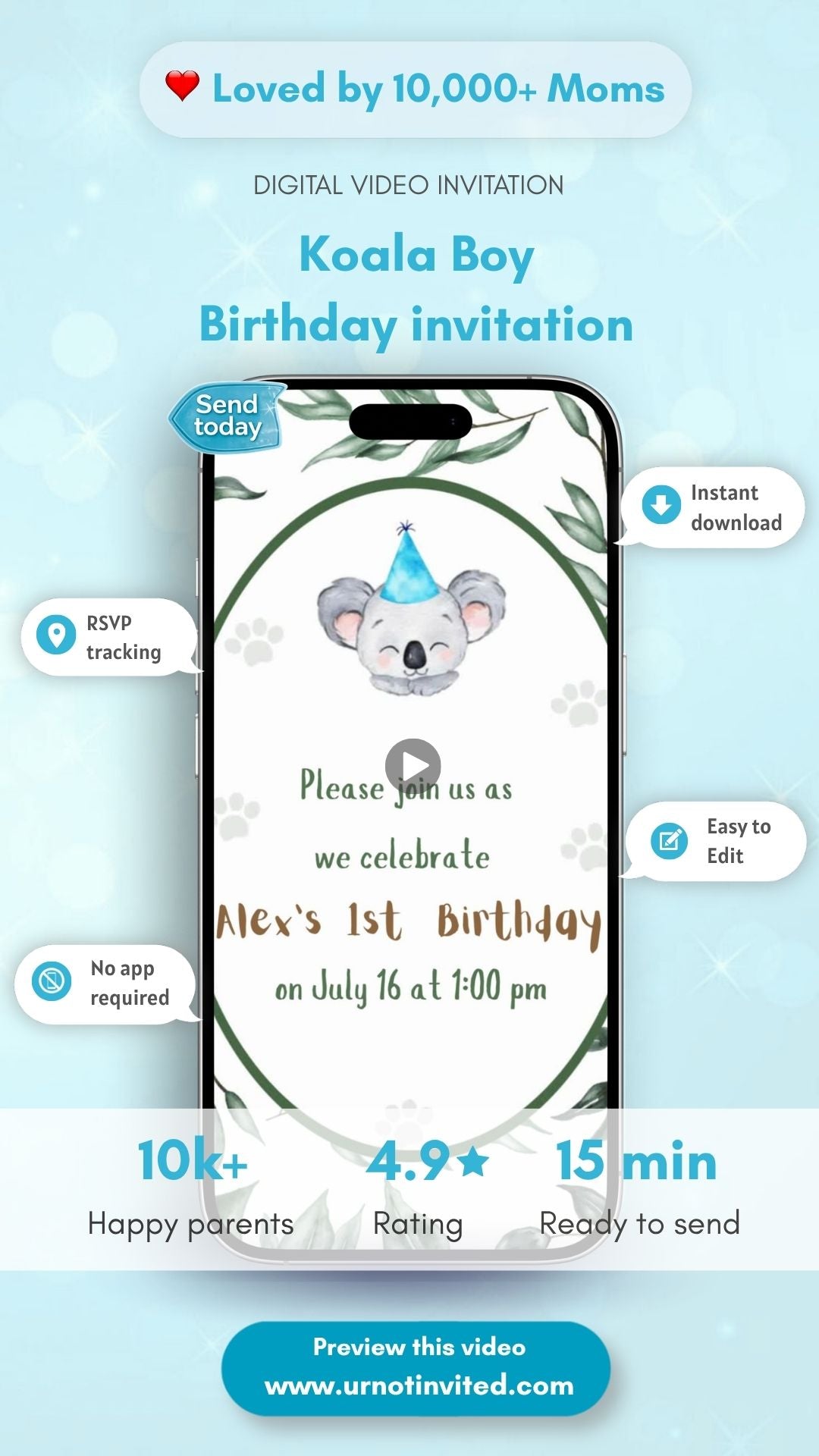 Koala Birthday Video Invitation - Koala Boy Theme Birthday Party Invite | Canva Template | Instant Download