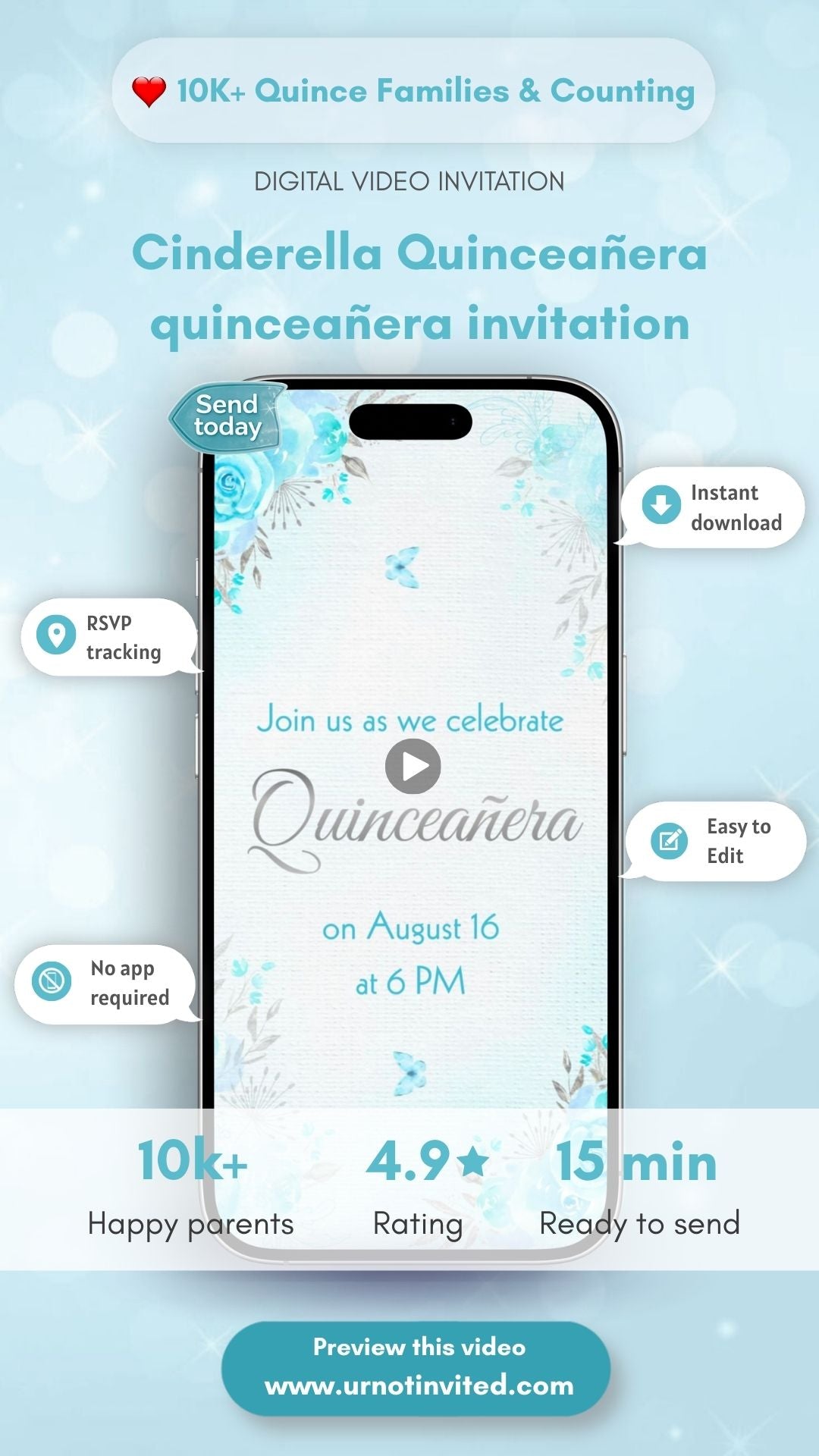 Cinderella Blooming Quinceañera Video Invitation - Cinderella Quinceañera Theme Quince Años Birthday Digital Invite | Canva Template | Instant Download