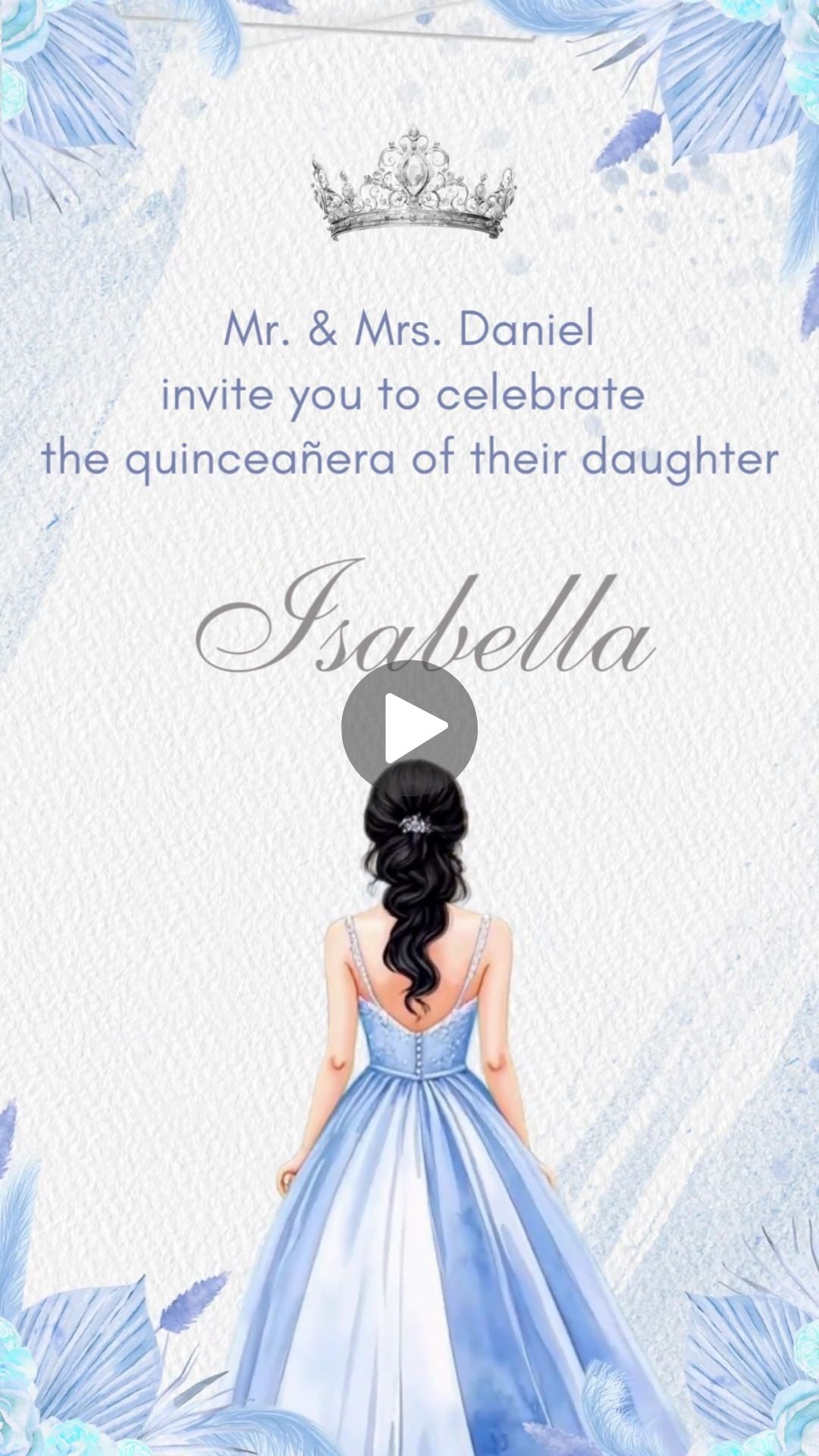 Elegant Dusty Blue Boho Quinceañera Video Invitation -Dusty Blue Boho Quinceañera invite, luxury quinceañera invitation