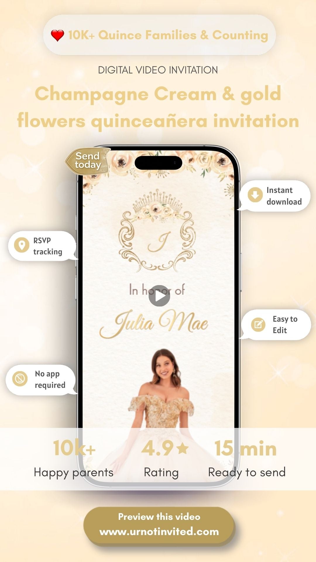 Champagne Cream Gold Flowers Quinceañera Video Invitation - quinceañera video invitation, princess quinceañera theme, digital quinceañera invite, animated quinceañera invitation, custom quinceañera video| canva template | Digital invite
