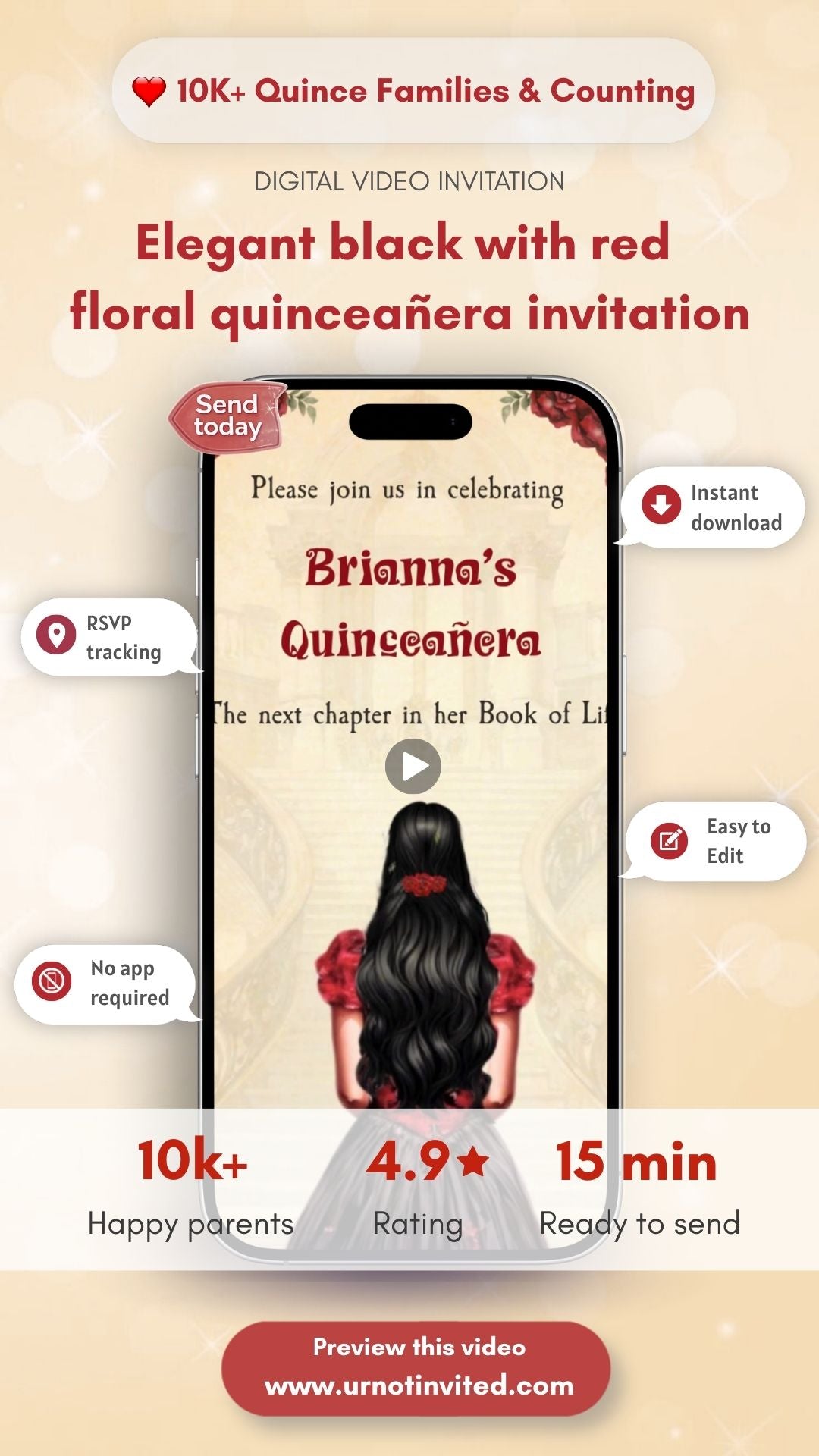 Elegant Black with Red Floral Quinceañera Invite -Black with Red Floral Quinceañera Invite,  Girl in Gold Dress, Pink Gold Roses, Personalized Invite, Red Crown Birthday, Blush XV, Princess Girl Invite