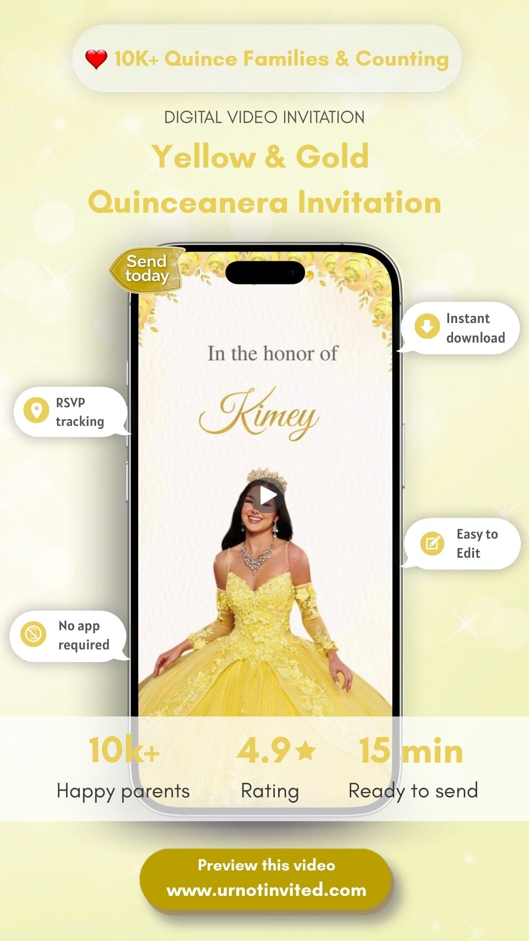 Yellow Gold Quinceañera Video Invitation | Elegant Gold Quince Party Invite | Royal Yellow Quinceañera Digital Invitation | Canva Template | Instant Download