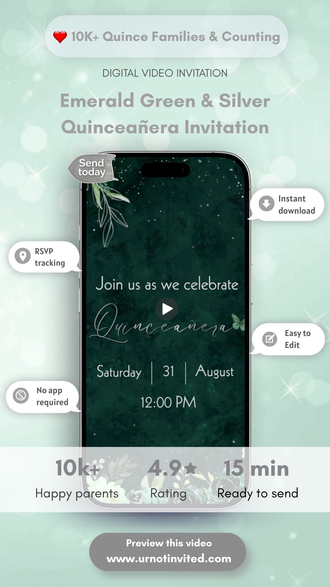 Emerald Green &amp; Silver Quinceañera Video Invitation - Emerald Green &amp; Silver Quinceañera Theme Quince Años Digital Invitev | Canva Template | Instant Download
