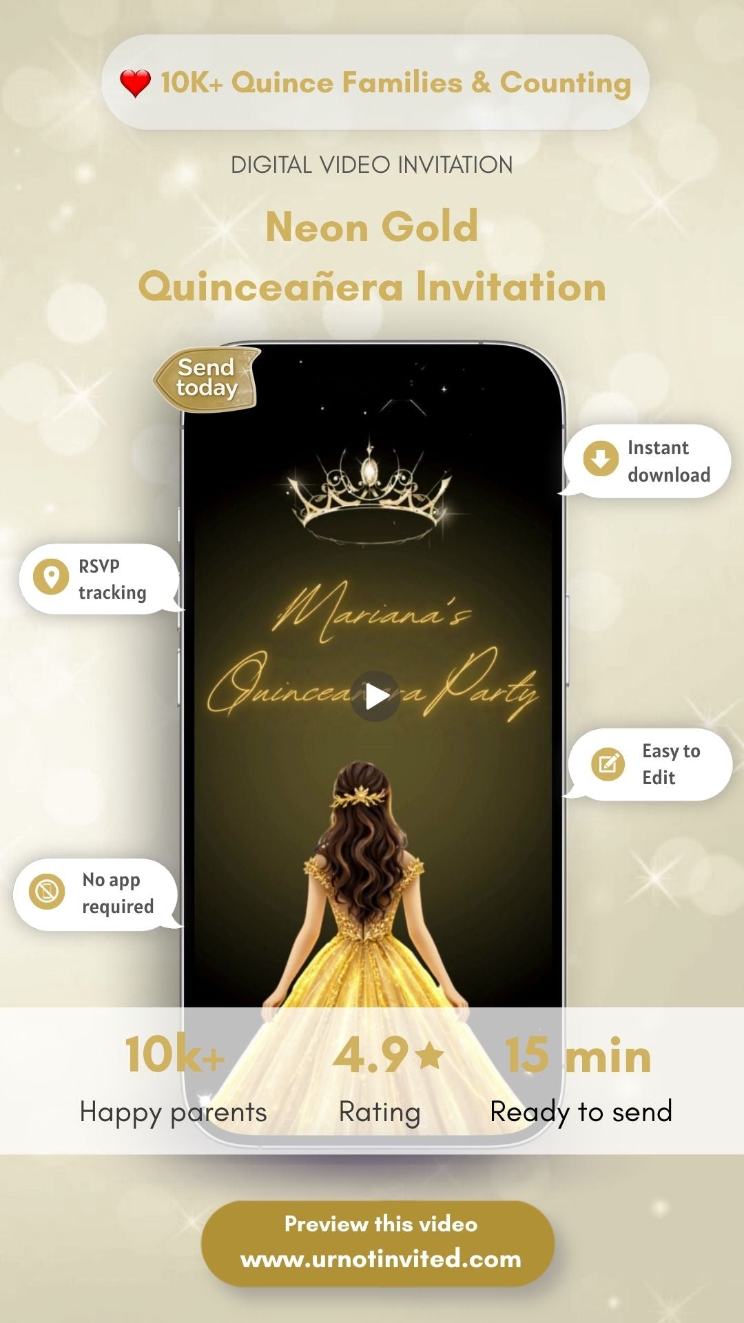 Neon Glam Quinceañera Gold Video Invitation | Glow in Style 15th Birthday Invite | Luxury Quinceañera Canva Template | Instant Download