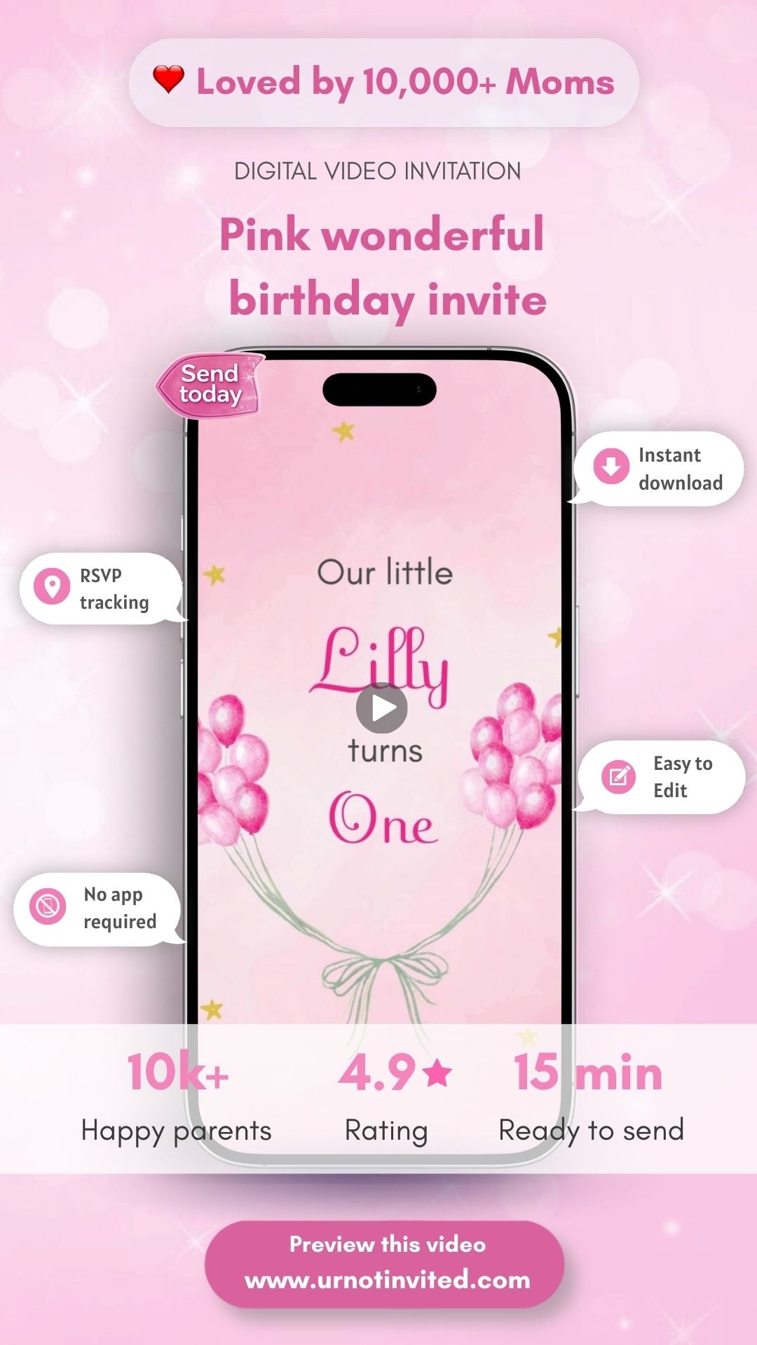 Pink Wonderful Birthday Animated Video Invitation | Canva Template | Instant Download