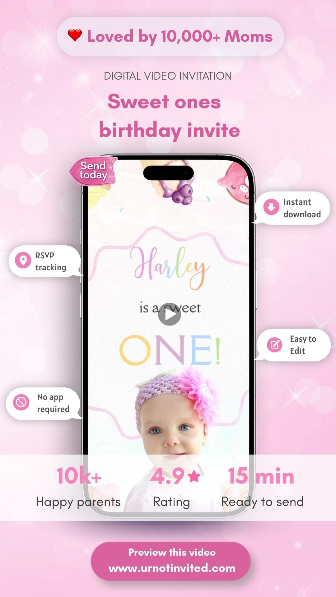 Sweet One Birthday Animated Video Invitation | Canva Template | Instant Download