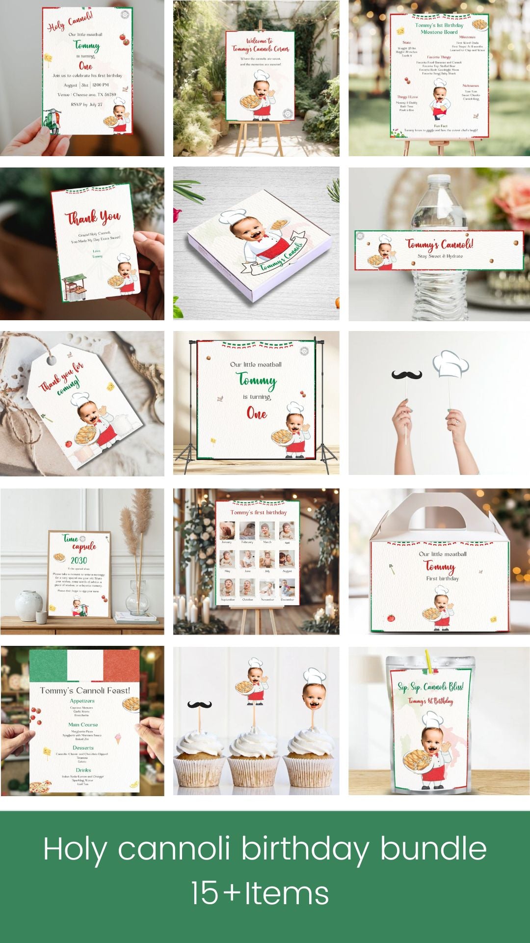 Holy Cannoli Birthday Party Bundle with Invitation, Cupcake Toppers, Favor Tags, Thank You Cards, Welcome Sign, Water Bottle Labels & More