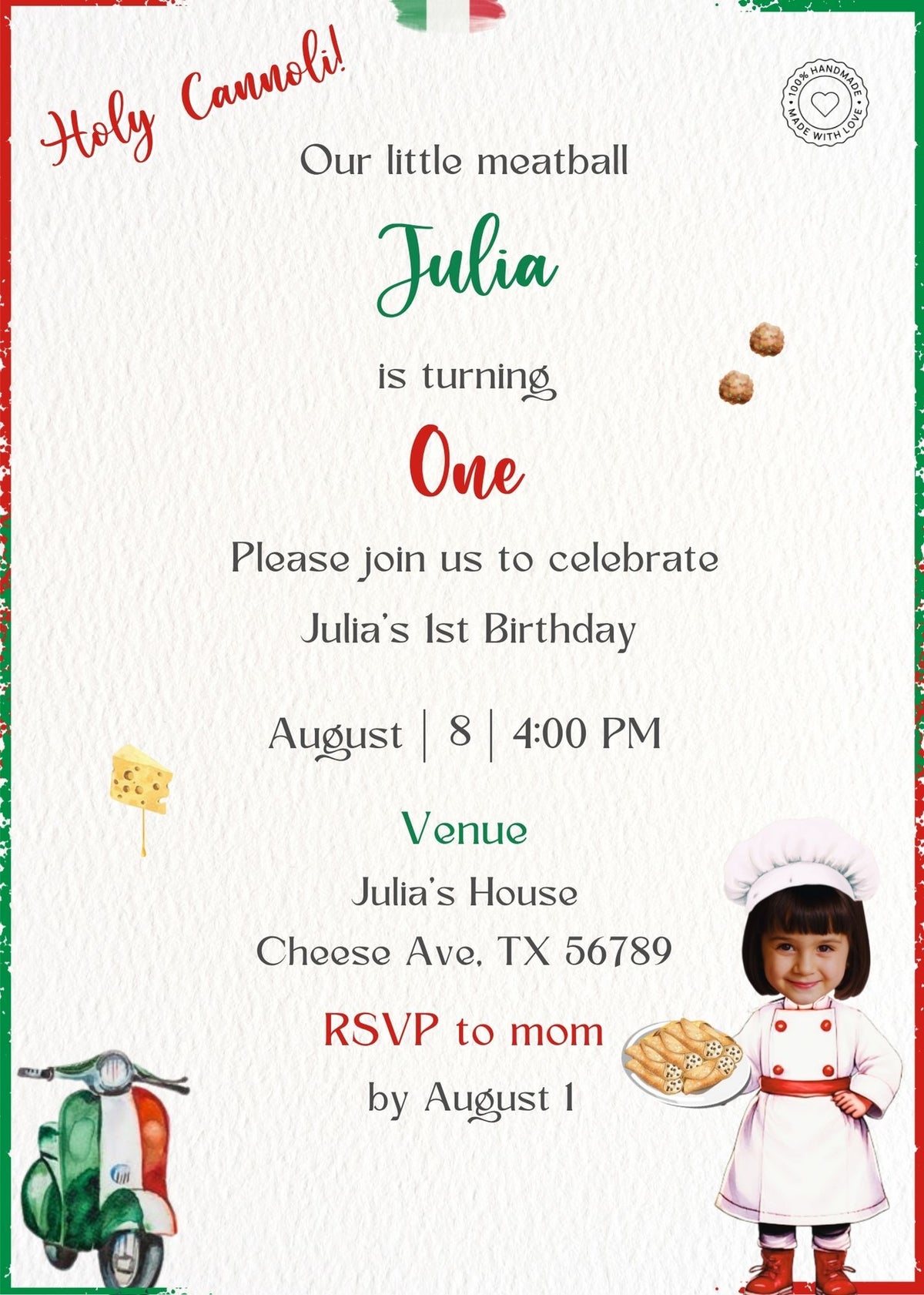 Holy Cannoli Girl Birthday Bundle Product Invitations | Custom Birthday Kids Face Poster 5X7inches