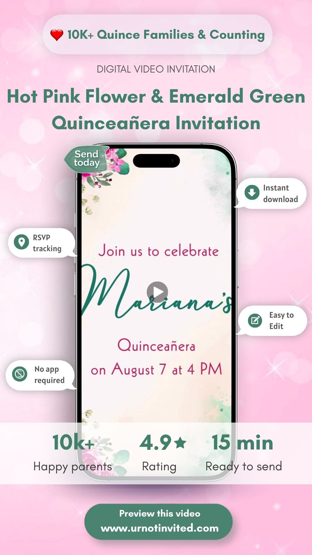Hot Pink Flower &amp; Emerald Green Quinceañera Video Invitation | Pink Floral Quinceañera Invite Template | Editable Canva Video Invitation | Instant Download