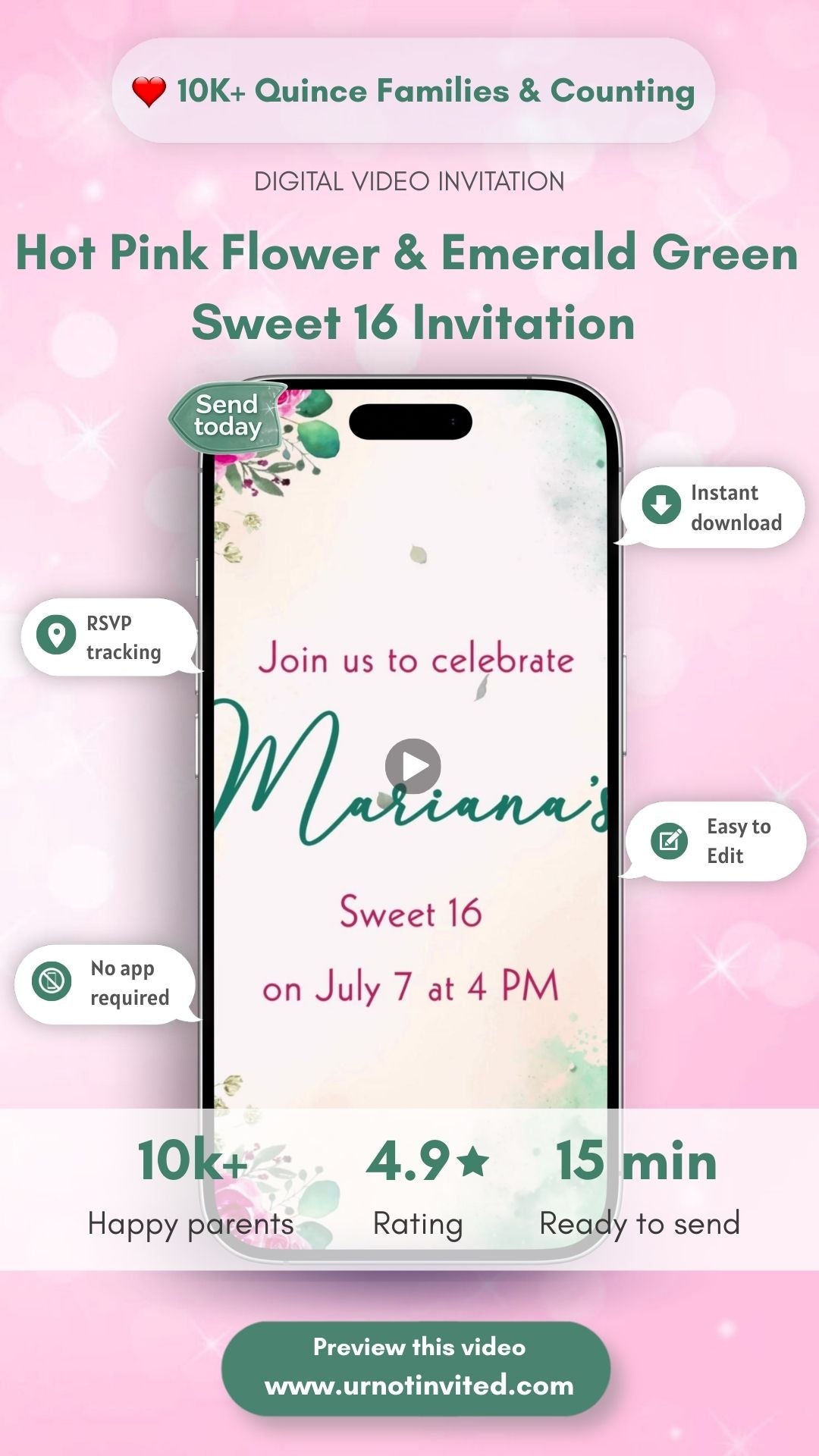 Hot Pink Flower &amp; Emerald Green Sixteen Birthday Video Invitaiton - Hot Pink Flower &amp; Emerald Green Theme Birthday Digital Invite | Canva Template | Instant Download