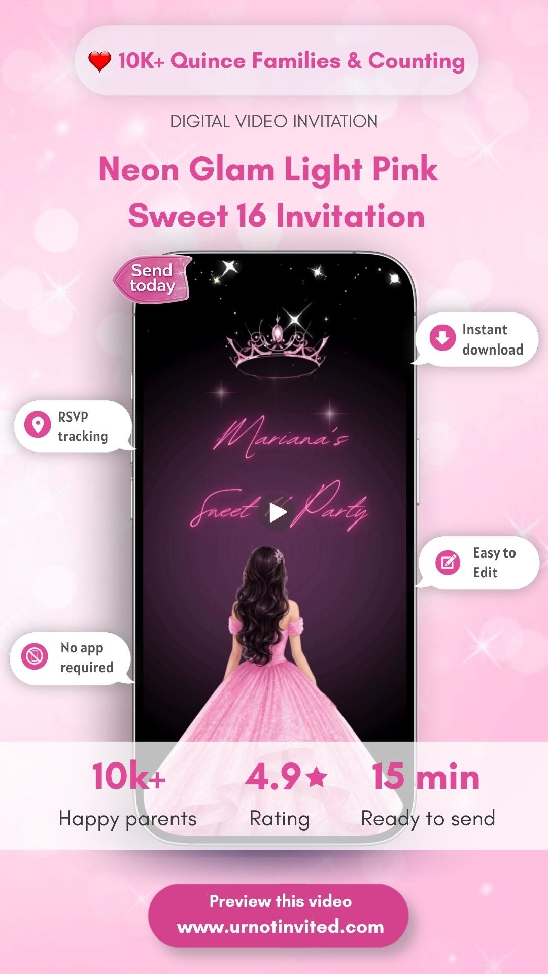 Light Pink Neon Glam Quinceanera Video Invitation - Glow in Style with Neon Pink Quinceañera Invite, luxury quinceañera invitation | Canva Template | Instant Download