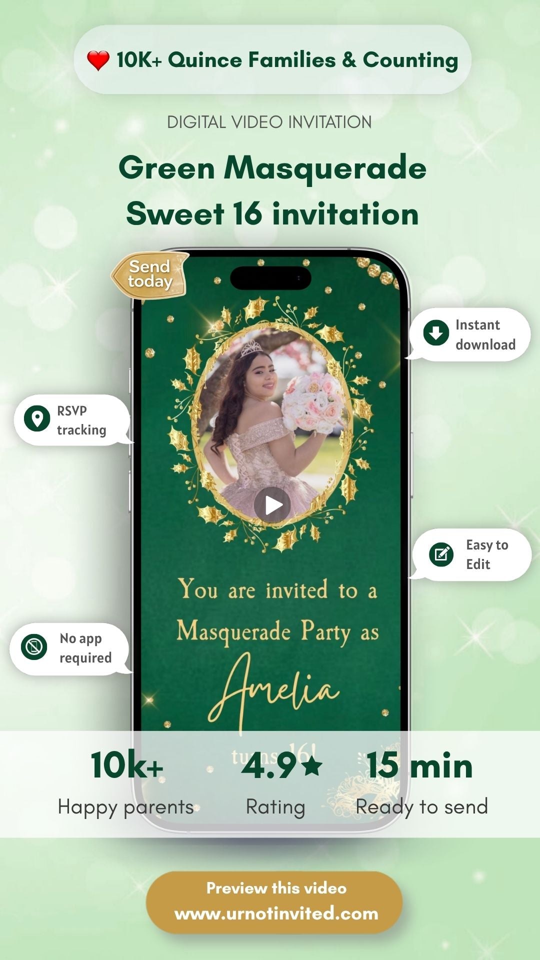 Green Masquerade Sweet 16 Video Invitation - Sweet 16  Quinceañera Theme Invite | Canva Template | Instant Download