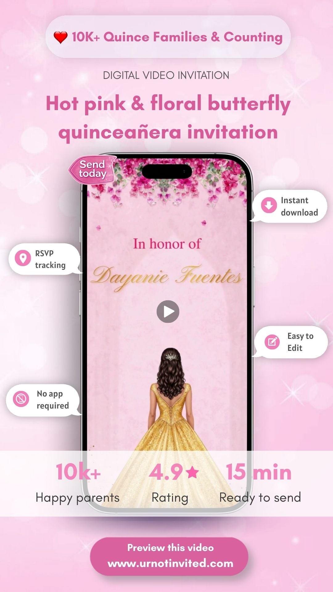 Hot Pink Floral and Butterfly Quinceanera Video Invitation - Butterfly &amp; Floral Design Hot Pink Party Invite, luxury quinceañera invitation | Canva Template | Instant Download