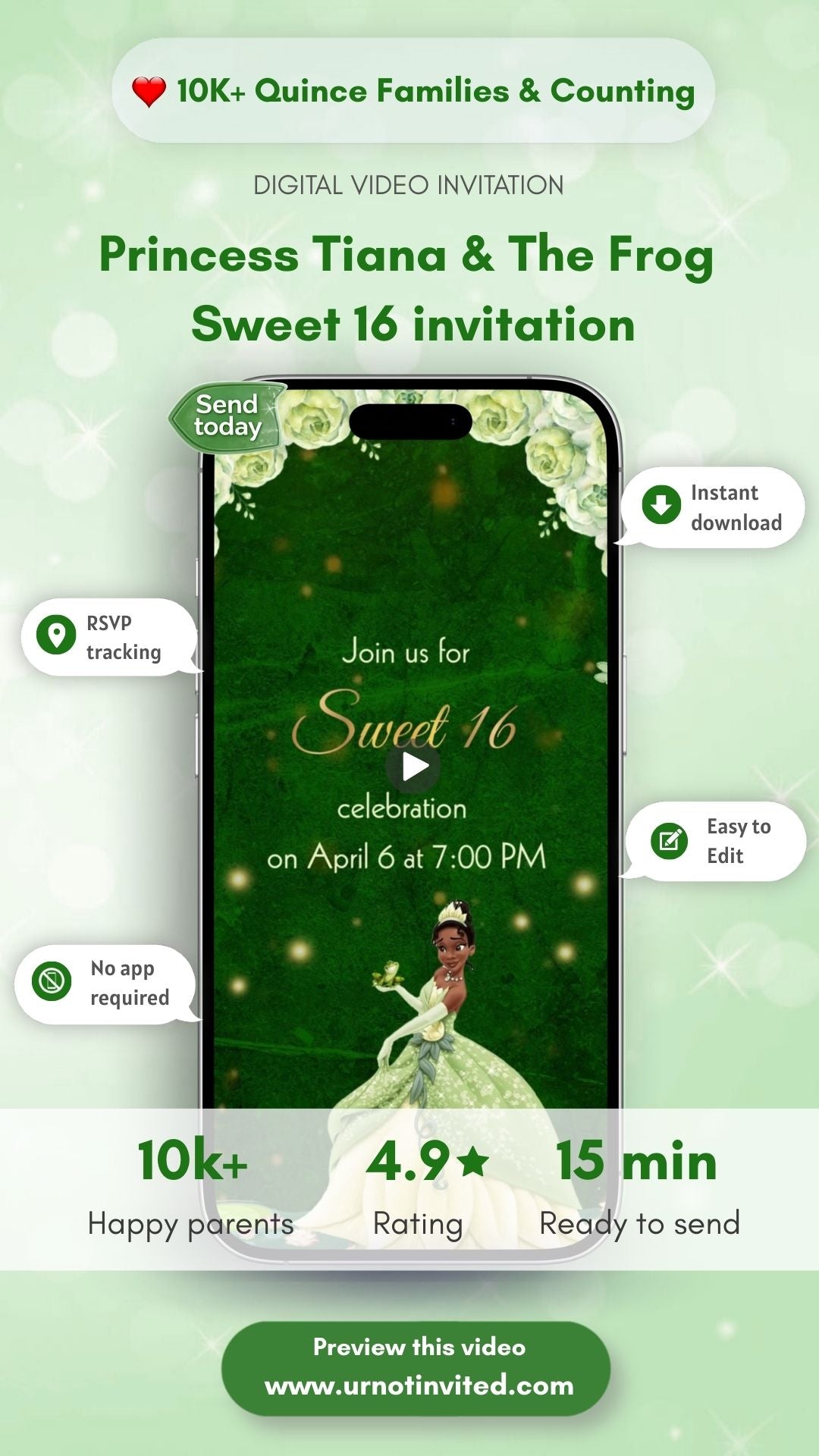 Princess Tiana & The Frog Sweet 16 Video Invitation - Princess Tiana & The Frog Sweet 16 Theme Birthday Party Invite | Canva Template | Instant Download
