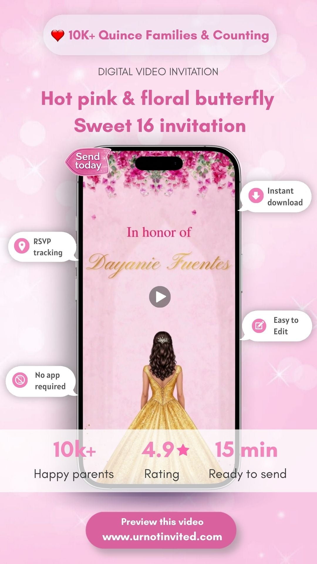 Hot Pink Floral Butterfly Sweet 16 Video Invitation | Pink Butterfly 16th Birthday Invite (Canva) | Instant Download
