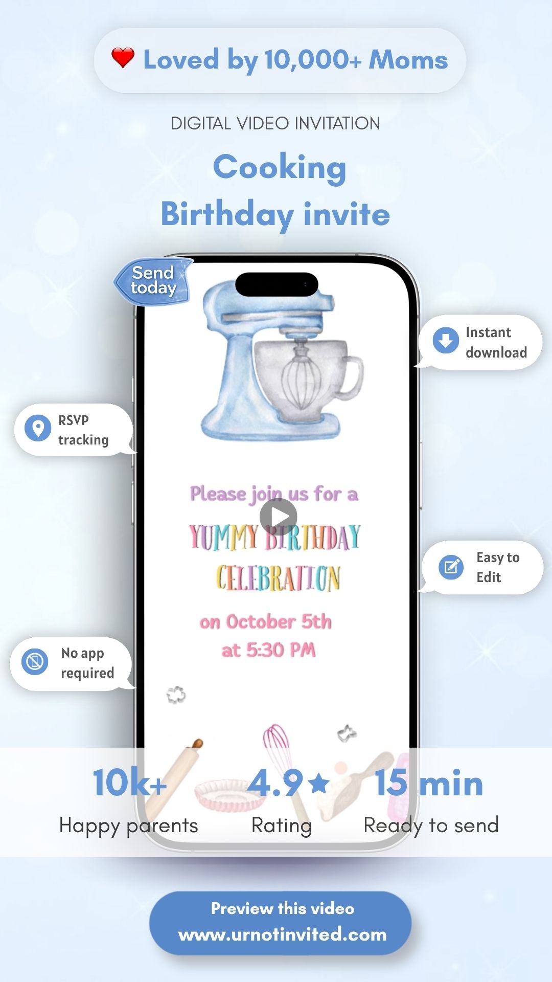 Invitación en vídeo de cumpleaños de cocina - Invitación digital a fiesta de cumpleaños con tema de cocina