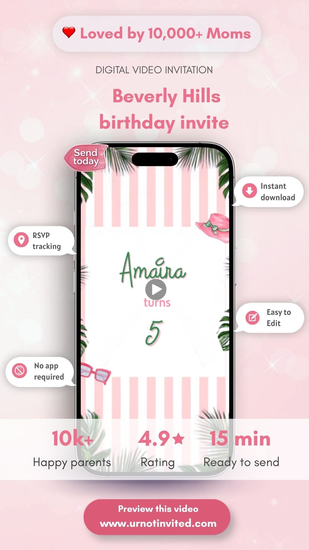 Beverly Hills Birthday Video Invitation - Beverly Hills Theme Birthday Party Invite | Canva Template | Digital Download