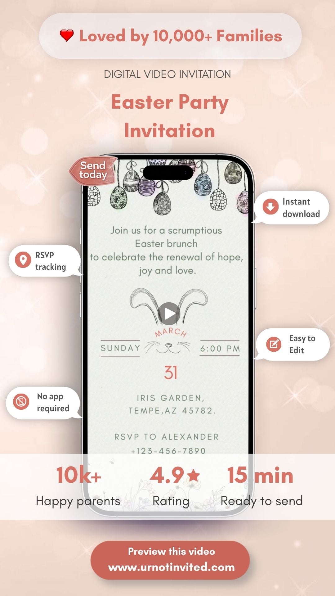 Easter Party Video Invitation | Easter Birthday Invite | Bunny &amp; Easter Egg Theme Digital Invitation | Spring Easter Party Invite | Canva Template | Instant Download