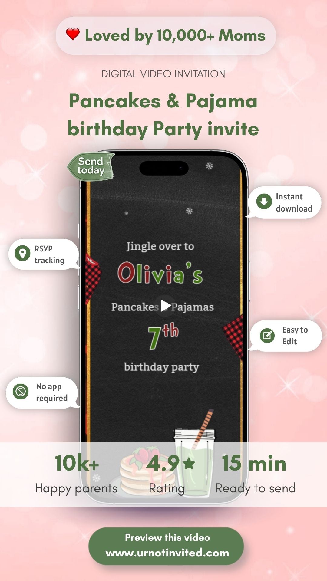 Pancake &amp; Pyjamas Birthday Video Invitation - Pancake &amp; Pyjamas Theme Party Digital Invite