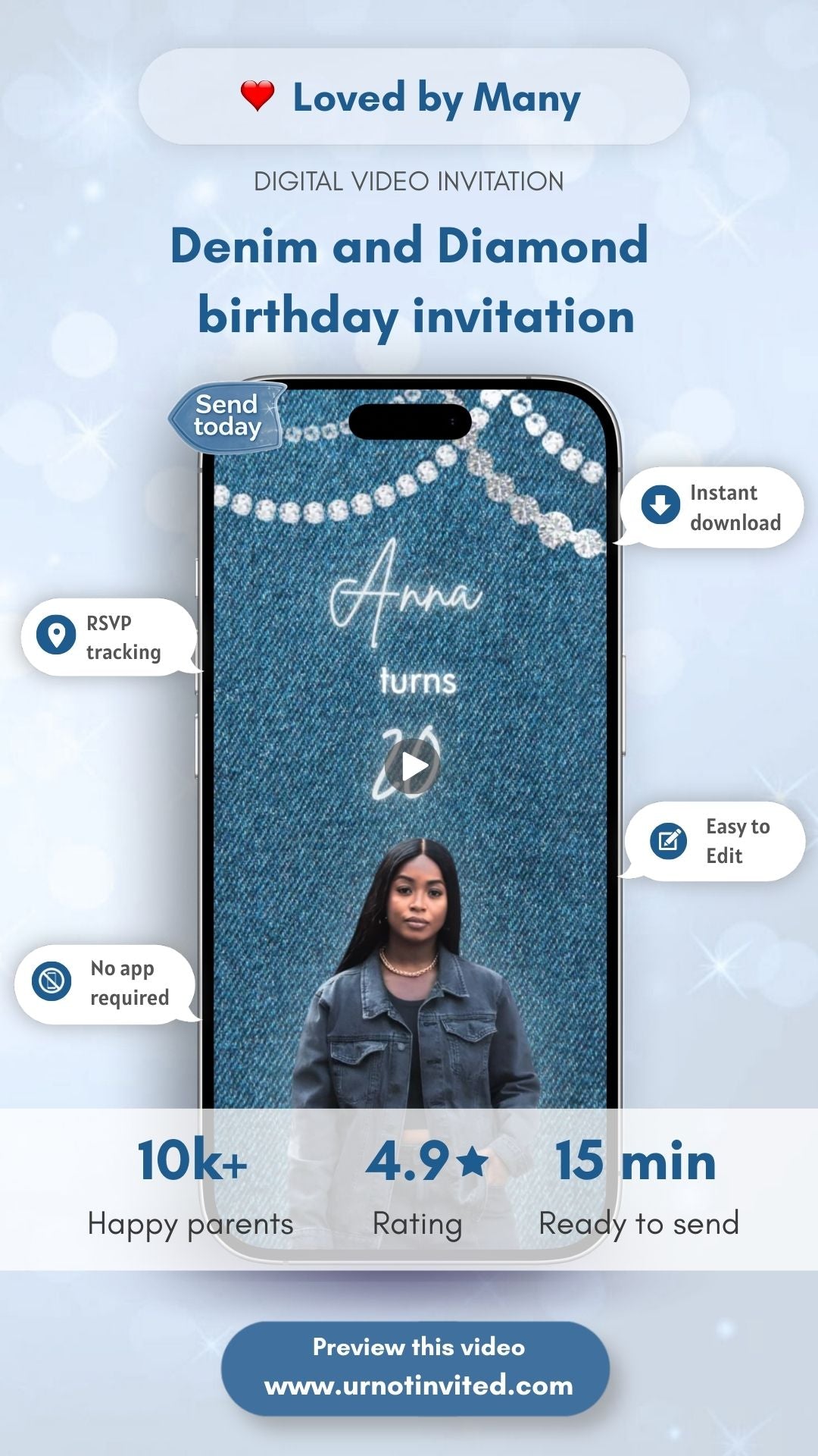 Denim &amp; Diamonds Birthday Video Invitation | Denim Diamond Party Invite | Blue Jeans Glam Birthday Invitation | Editable Canva Video Invitation | Instant Download
