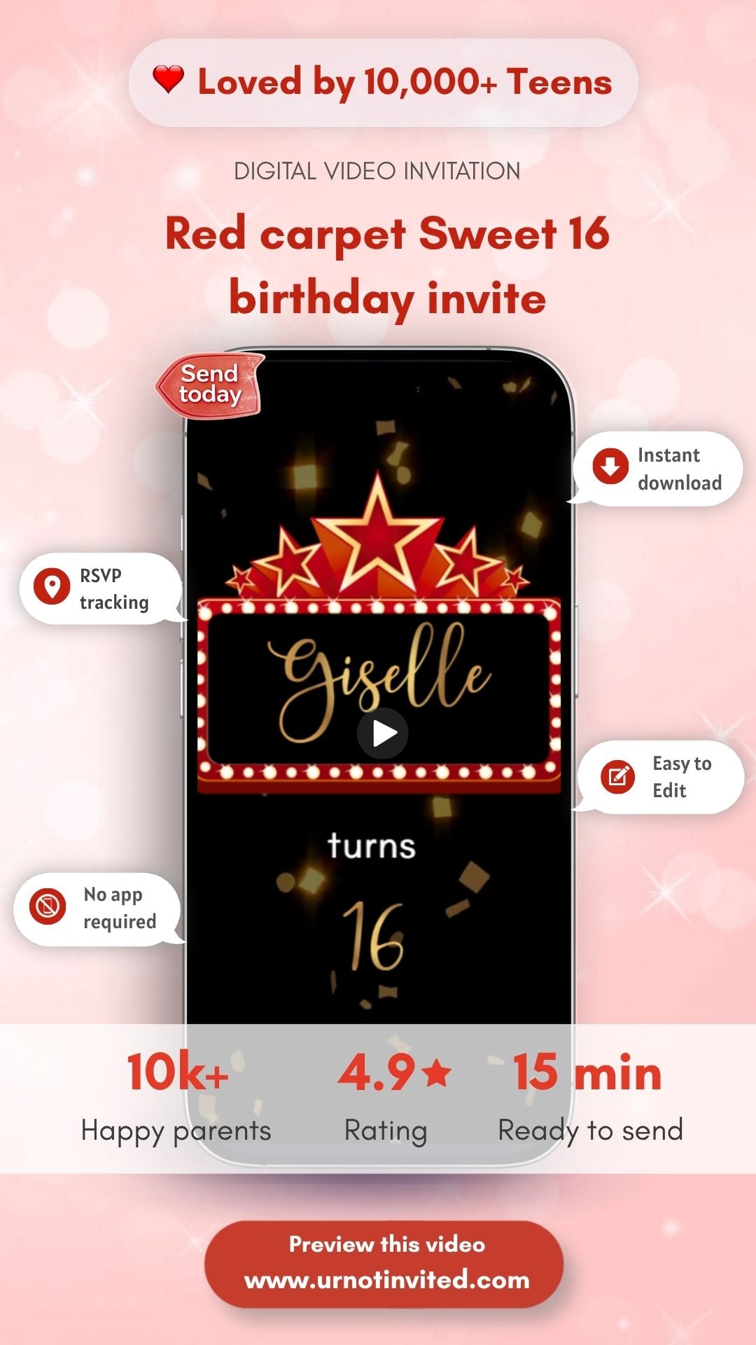 Red Carpet Birthday Invitation - Sweet 16 Red Carpet Theme Party Invite