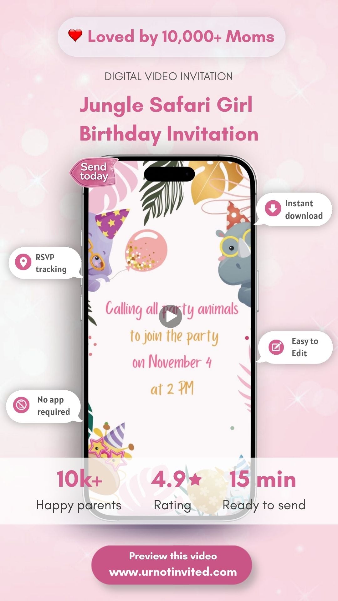 Jungle Safari Girl Birthday Invitation – Wild One Safari Party Digital Invite Template - Wild Animal Jungle Party Invitation | canva template |instant download