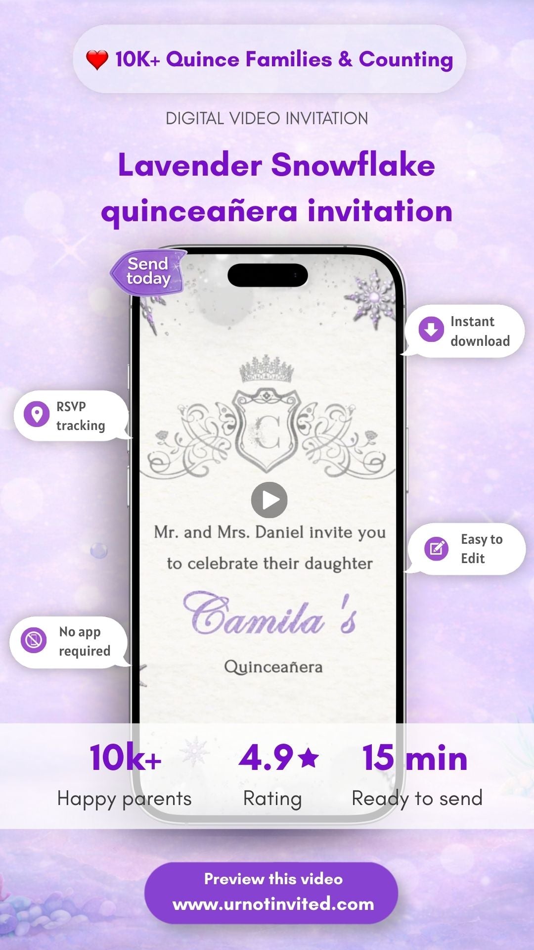 Lavender Snowflake Quinceañera Video Invitation  – Winter Wonderland Quince, Animated quinceañera invitation | Canva Template | Instant Download
