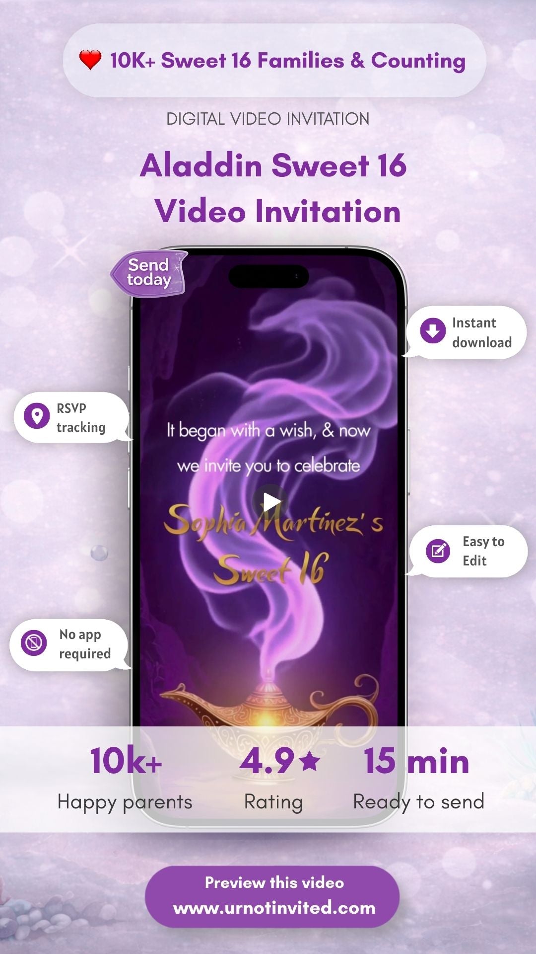 Aladdin Sweet 16 Video Invitation | Arabian Nights Sweet 16 Party Invite | Magic Lamp Princess Birthday Digital Invitation | Canva Template | Instant Download