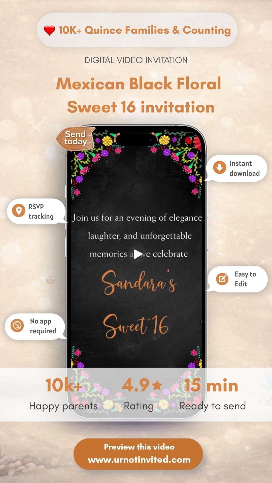 Mexican Fiesta Floral Black Sweet 16 Invitations | Elegant &amp; Festive 15th Birthday Invites | Black Mexican Fiesta Folk Art Floral Sweet 16 Invitation| Canva Template | Instant Download