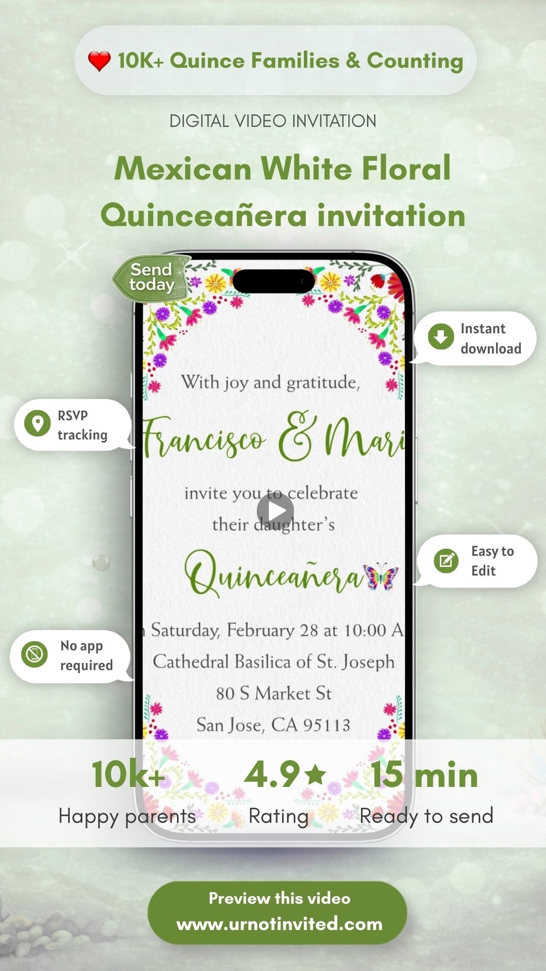 Mexican White Floral Quinceañera Video Invitation | Mexican Floral Quince Party Invite | Elegant White Rose Quinceañera Digital Invitation | Canva Template | Instant Download