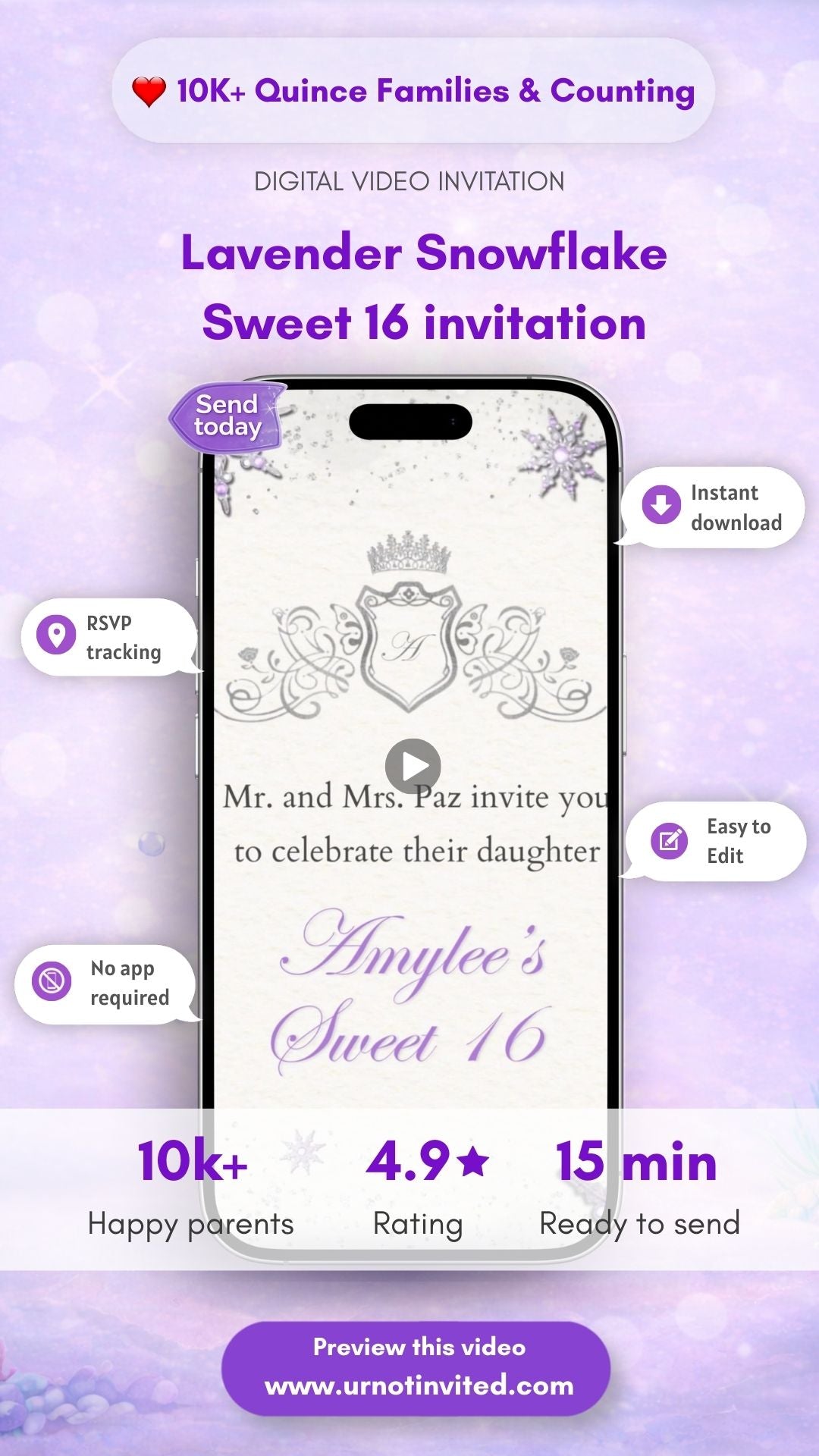 Lavender Snowflake Sweet 16 Invitation Video | Winter Wonderland Birthday Invite | Purple Princess 16th Party Canva Template | Instant Download