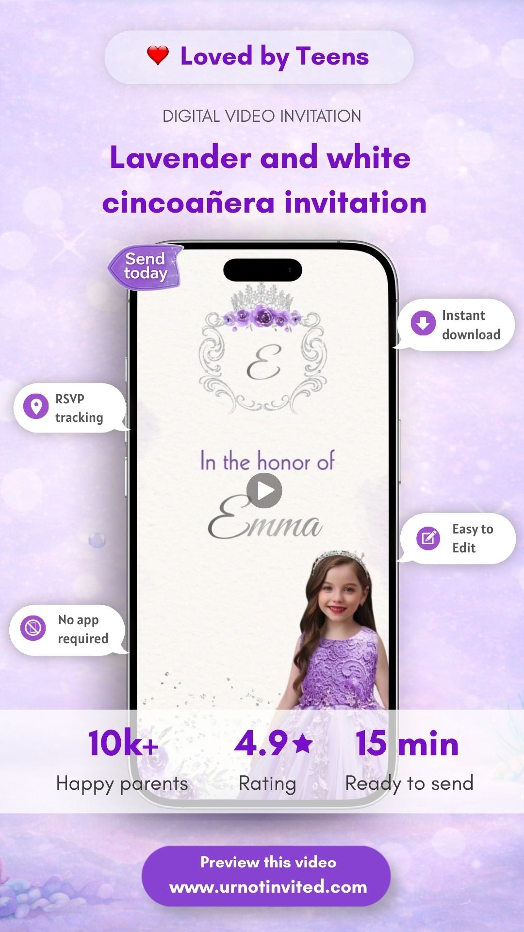 Lavender &amp; White Cincoañera Video Invitation | Lavender Cincoañera Invite | Lavender &amp; White Royal Theme Invite | Canva Template | Instant Download