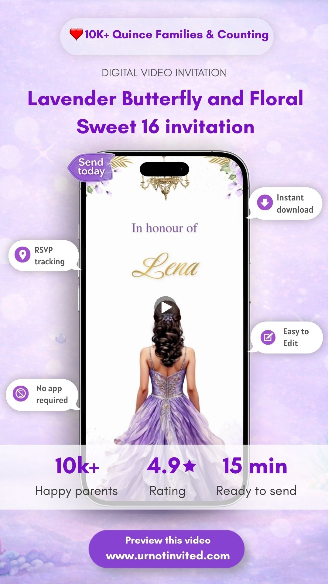 Lavender Butterfly Sweet 16 Invitation | Elegant Floral 16th Birthday Digital Invite (Canva) | Instant Download