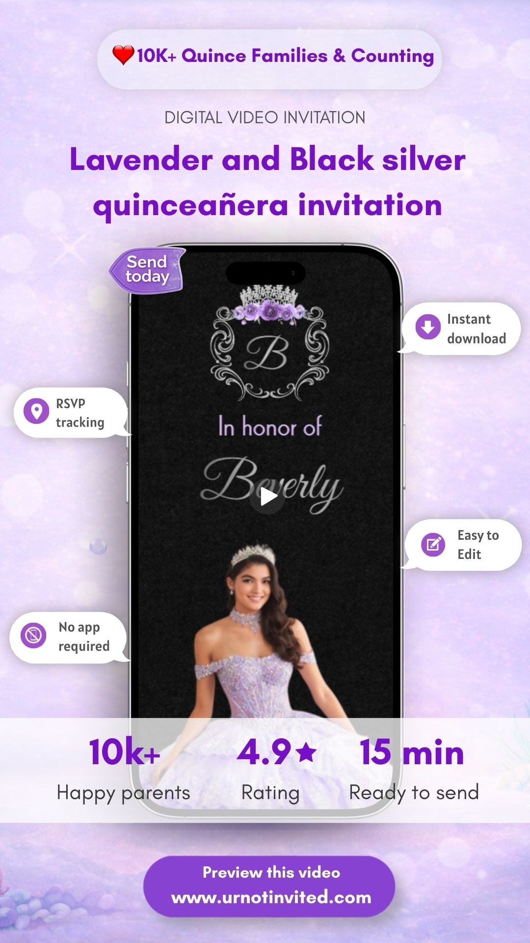 Lavender &amp; Black Quinceañera Video Invitation Template – Princess Purple &amp; Silver Digital Invite
