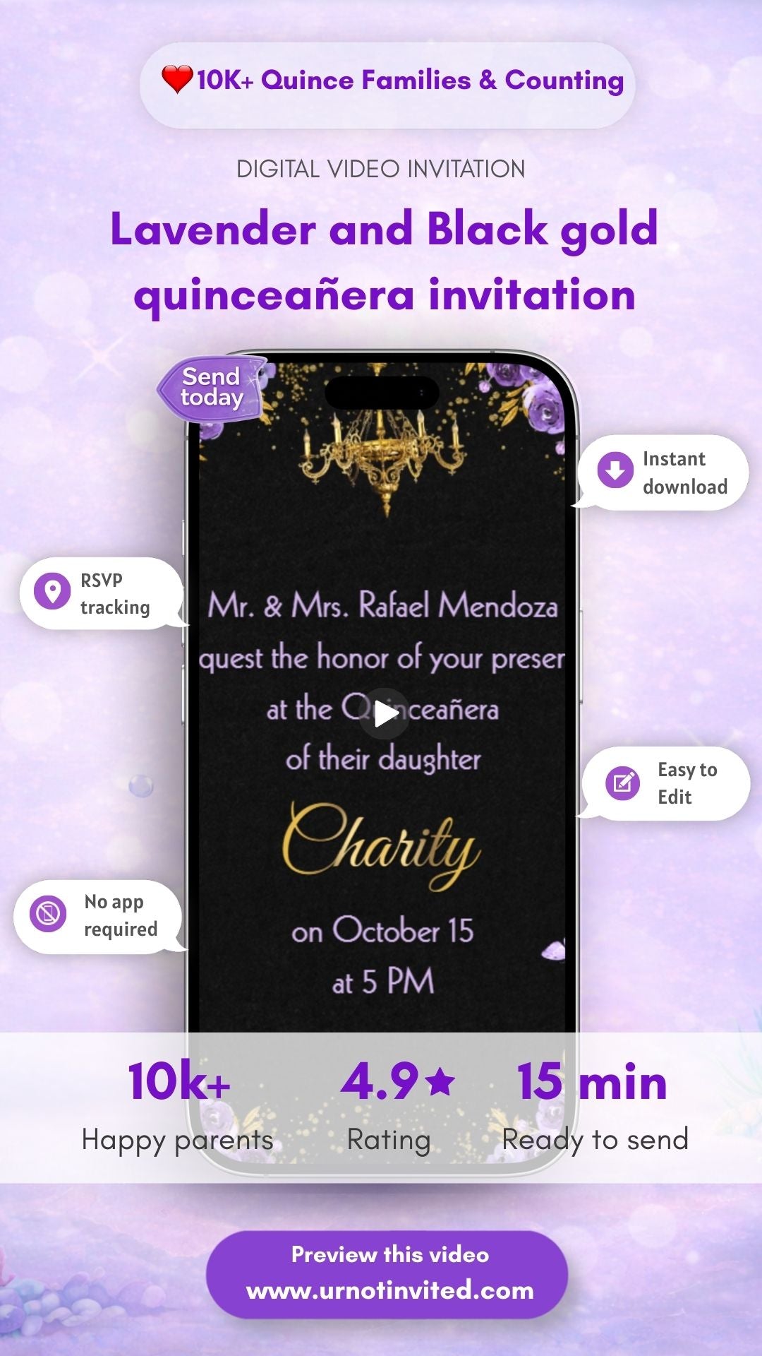 Lavender Black and gold Quinceañera Princess Video Invitation - Quinceañera Black, Purple, &amp; Gold Theme Digital Invite| canva template |instant download