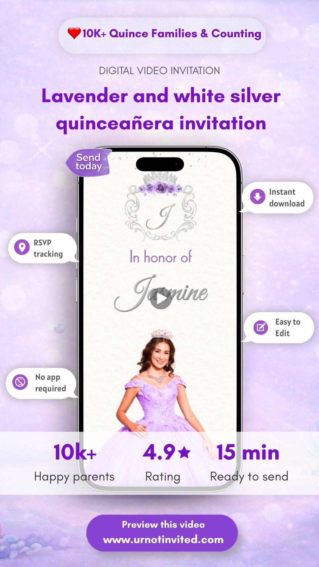Lavender, White &amp; Sliver Quinceañera Princess Video Invitation - Quinceañera Lavender, White &amp; Sliver  Theme Digital Invite| canva template | Instant download
