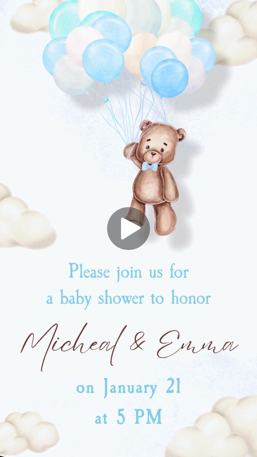 Teddy Bear Boy Baby Shower Video Invitation -  Bearly Bear Boy Baby Shower Digital Invite