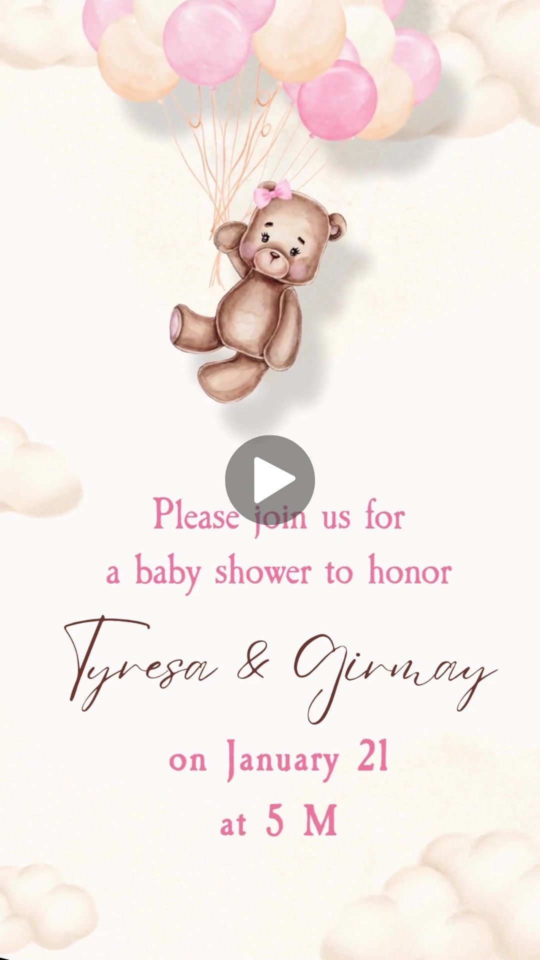 Teddy Bear Baby Shower Video Invitation - Teddy Bear Pink Theme Baby Shower Digital Invite