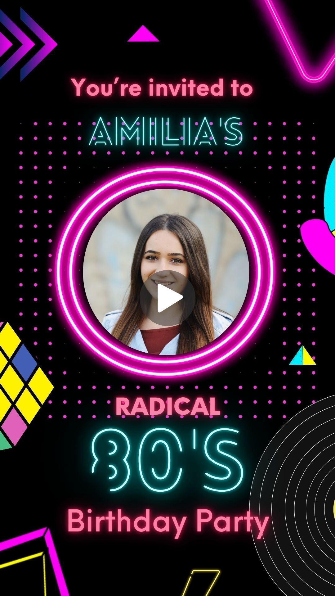 80s Neon Radical Birthday Video Invitaiton - Radical Noen Theme Party Invite