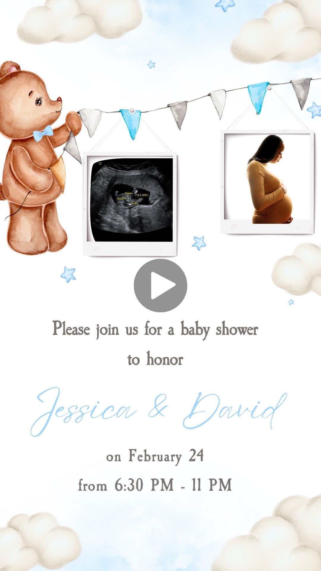 Teddy Bear Boy Baby Shower Video Invitation -  Bearly Bear Boy Baby Shower Digital Invite