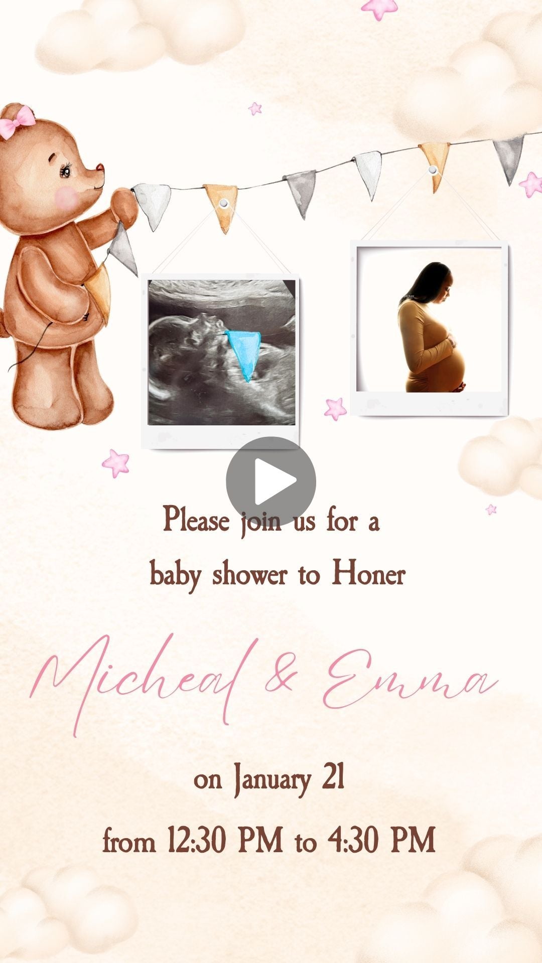 Teddy Bear Baby Shower Video Invitation - Teddy Bear Pink Theme Baby Shower Digital Invite