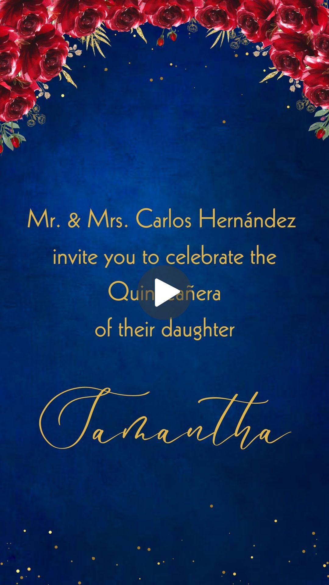 Royal Blue Burgandy Floral Quinceañera Video Invitation - Royal Blue Quinceañera Theme Quince Años Digital Invite