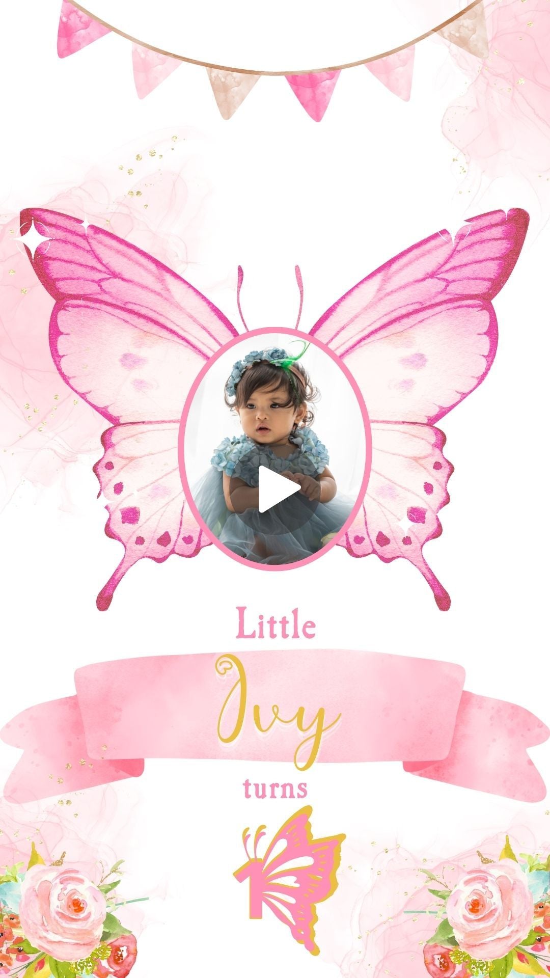 Butterfly Birthday Pink & Gold Video Invitation - Butterfly Theme Kids Party Invite