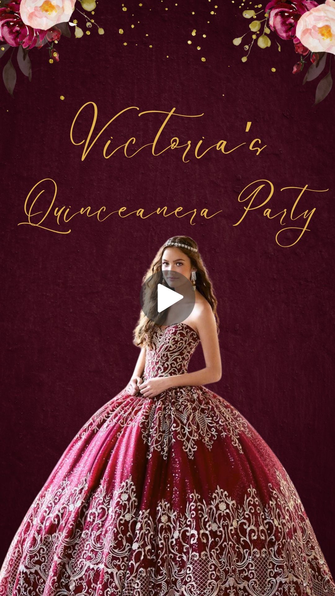 Burgundy Floral & Gold Quinceañera Video Invitation - Burgundy Floral & Gold Quinceañera Theme Quince Años Digital Invite