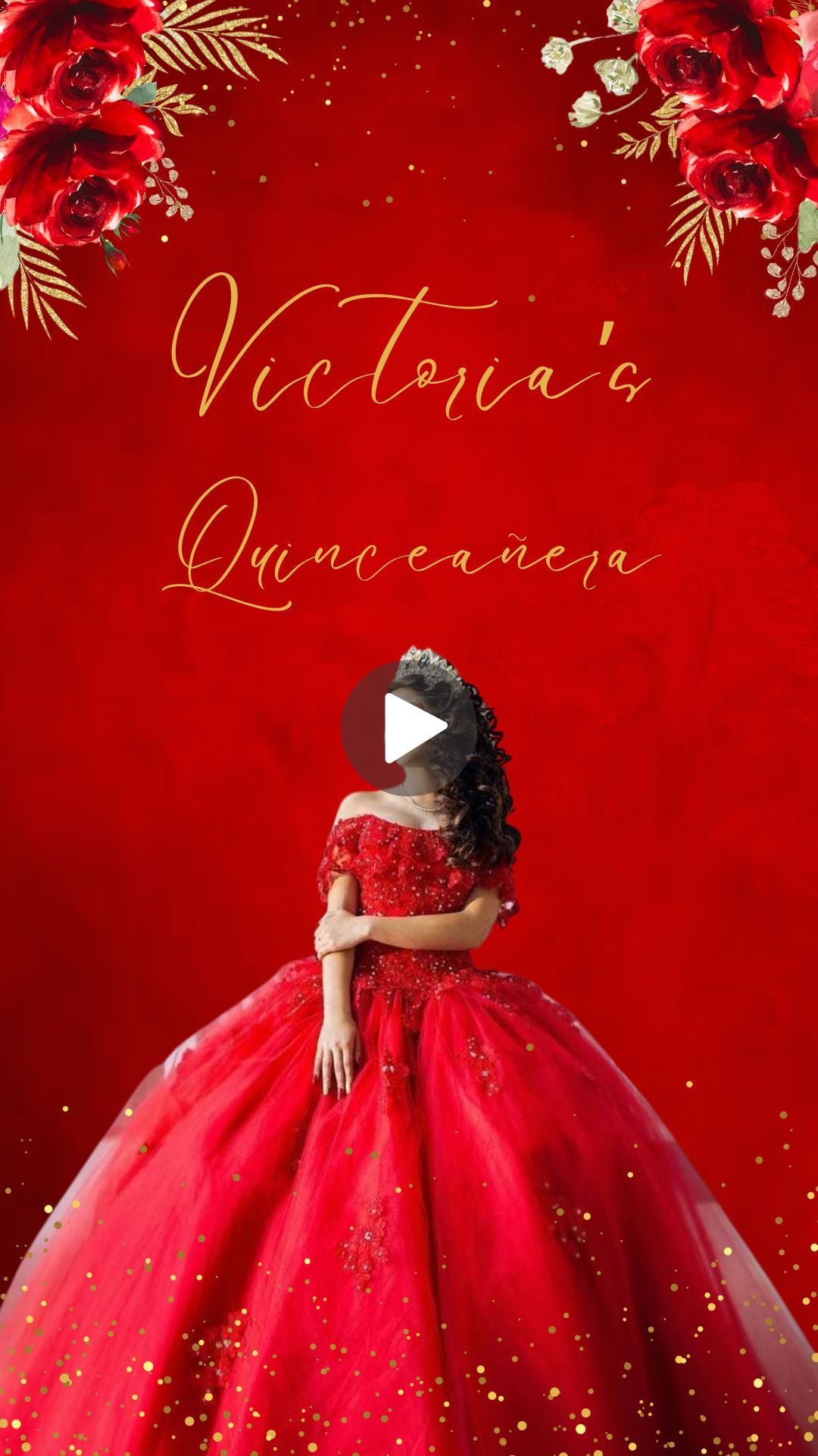 Quinceañera Red &amp; Gold Video Invitation - Red &amp; Gold Quinceañera Theme Quince Años Digital Invite