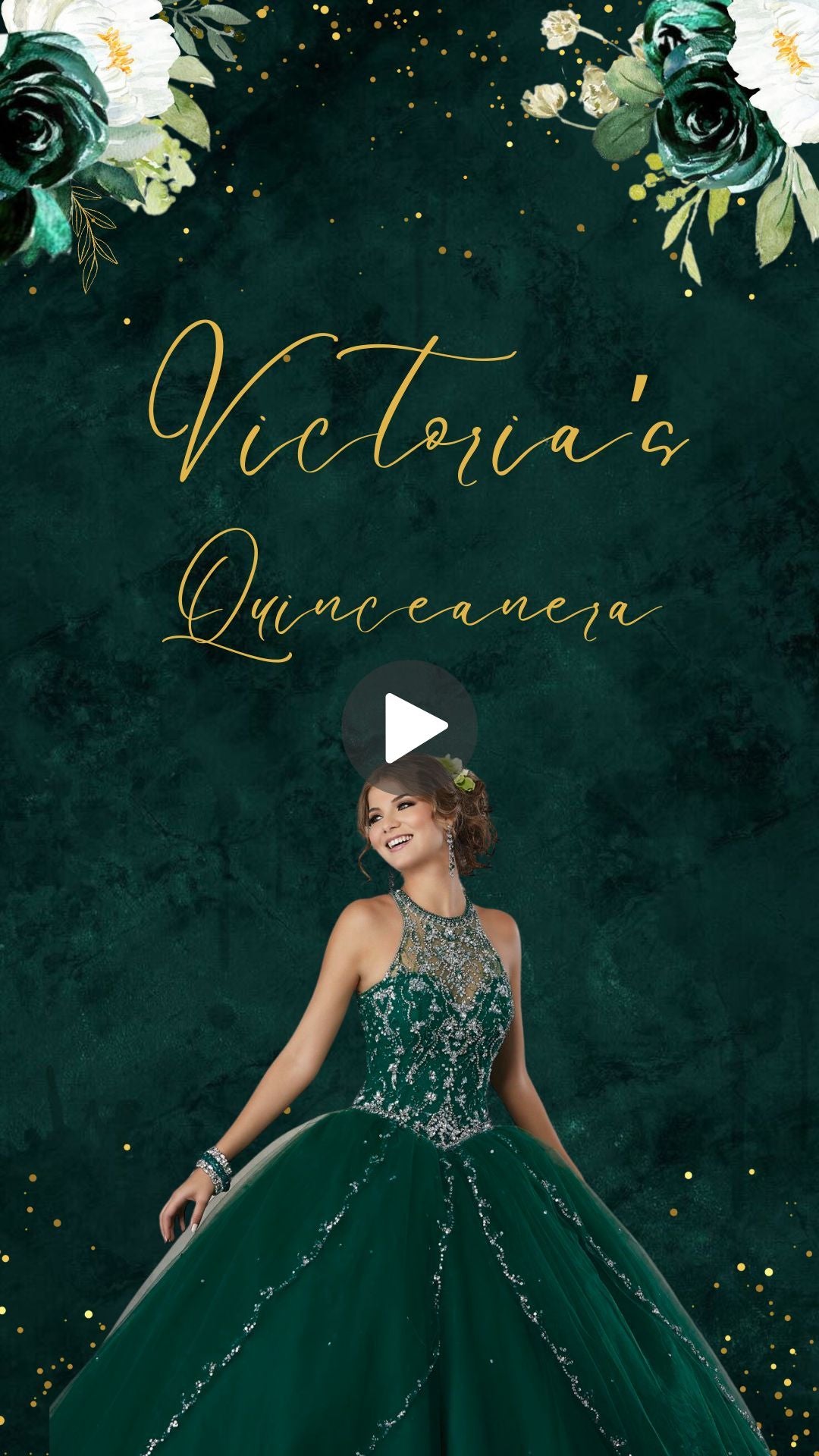 Quinceañera Emerald Green &amp; Gold Video Invitation - Emerald Green &amp; Gold Quinceañera Theme Quince Años Digital Invite