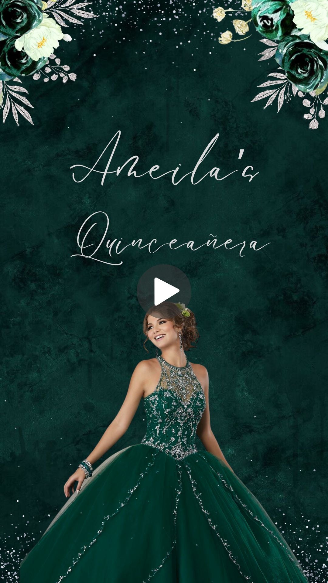 Quinceañera Emerald Green &amp; Silver Video Invitation - Emerald Green &amp; Silver Quinceañera Theme Quince Años Digital Invite